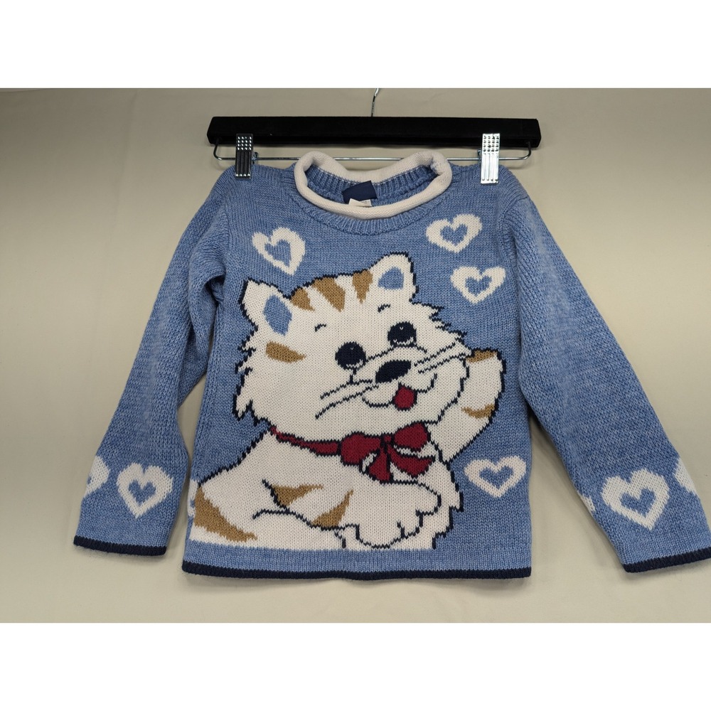 Young‎ Classics Vintage 90s Blue Cat Heart Knit Sweater Baby 12 Months Made USA